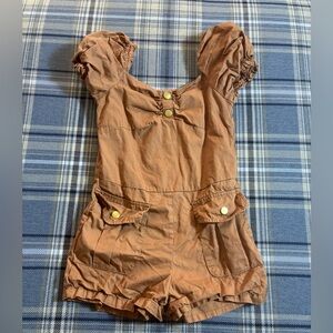 Janie and Jack PUFF SLEEVE PATCH POCKET Tan ROMPER